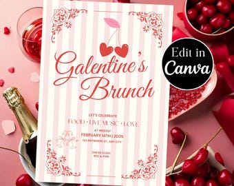 Cherry Galentine's Brunch Invitation | Elegant Editable Template | Canva Design | Instant Digital Download