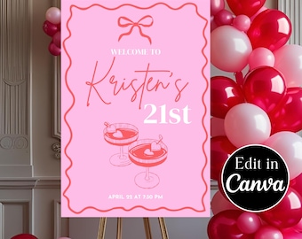 Pink 21st Birthday Welcome Sign: Cocktail Party Decor (Canva Template A1 Size)