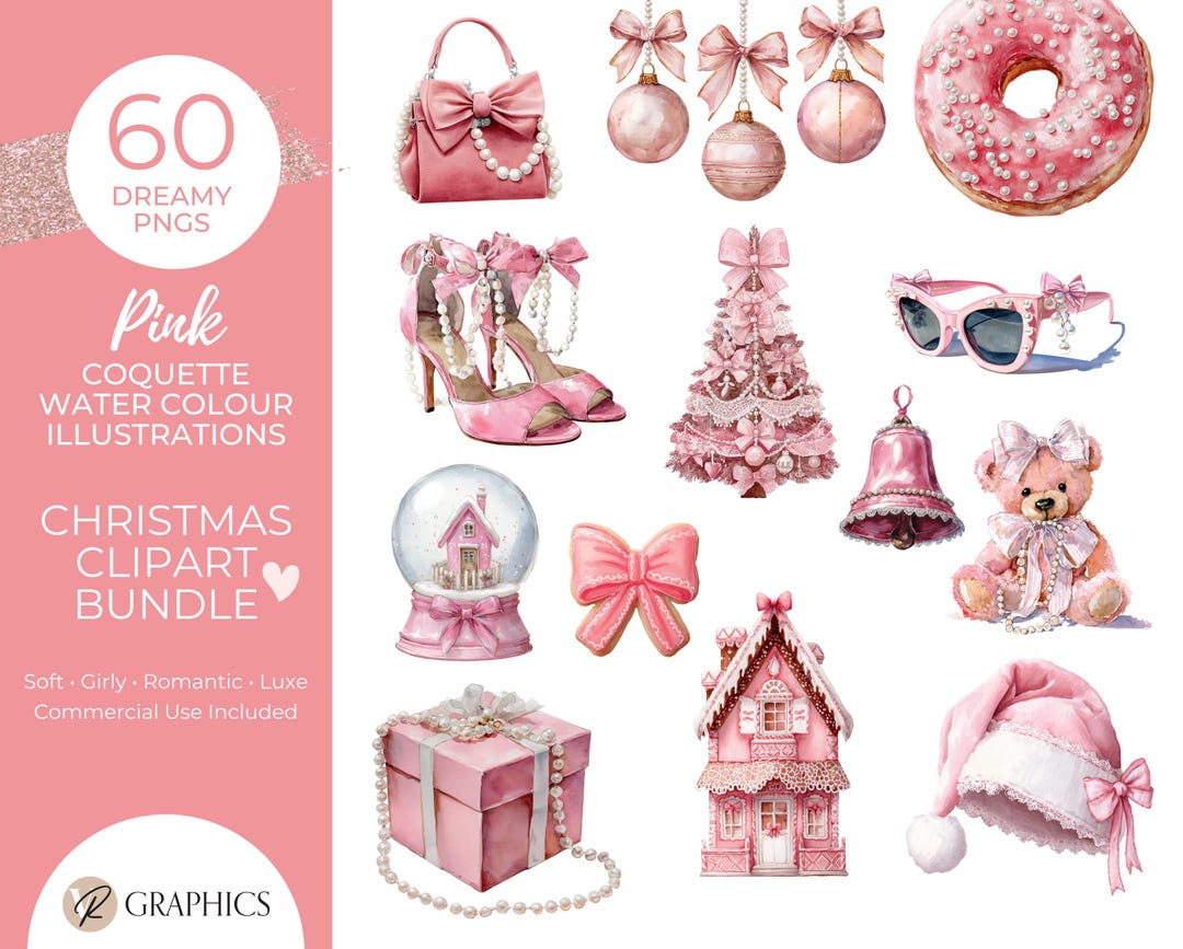 Pink Coquette Christmas Clipart Bundle • 60 Watercolour Pngs • Blush ...
