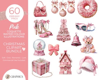 Pink Coquette Christmas Clipart Bundle • 60 Watercolour PNGs • Blush Pink Holiday Stickers • Commercial Use