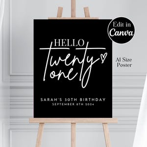 Editable 21st Birthday Welcome Sign Canva Template | Hello Twenty-One Black White A1 Poster | Modern Minimalist Party Decor