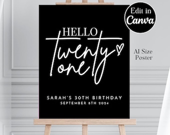 Editable 21st Birthday Welcome Sign: Modern Minimalist Canva Template (A1 Poster, Digital Download)