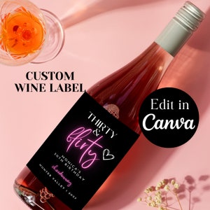 THIRTY AND FLIRTY Minimalist 30th Birthday Party, Wine Gift Label, Wine Label Template, Personalized Wine Label, Custom Wine Label