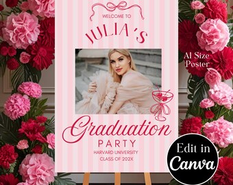 Pink Graduation Welcome Sign | Blush Stripe Design | Editable Canva Template A1 Size | Digital Download