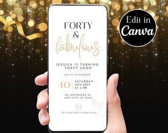FORTY AND FABULOUS Minimalistische 40. Geburtstag Party Einladung, Digitale e-invite Canva Vorlage