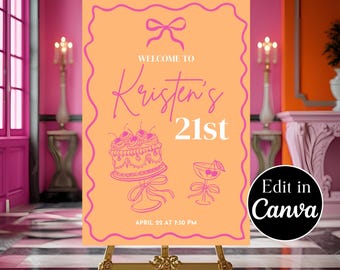 Orange 21st Birthday Welcome Sign: Cocktail Party Decor (Digital Download A1 Size Canva Template)