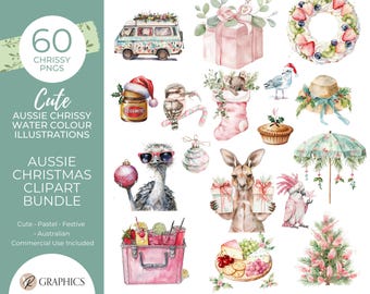 Pastel Aussie Christmas Clipart • Watercolor PNG Set (Digital Download)