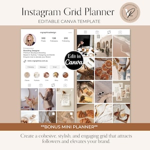 May include: An Instagram Grid Planner template featuring a neutral beige color palette. The layout displays a profile interface with a bio, followed by a grid of nine images showcasing lifestyle photography, including dried flowers, citrus slices, and coffee.