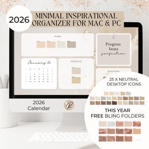 Organizador de escritorio beige 2026: iconos de carpetas y fondos de pantalla (descarga digital)