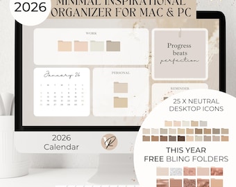 Beige Desktop Organizer 2026: Folder Icons & Wallpapers (Digital Download)