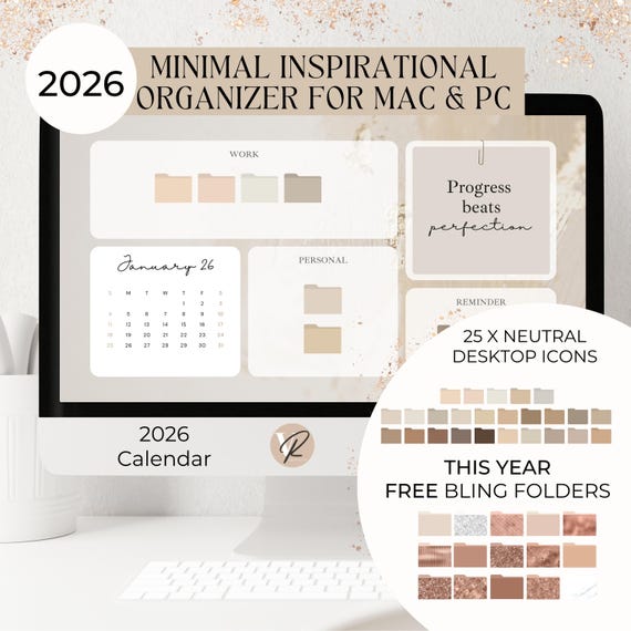 Beige Desktop Organizer 2026: Folder Icons & Wallpapers (Digital Download)
