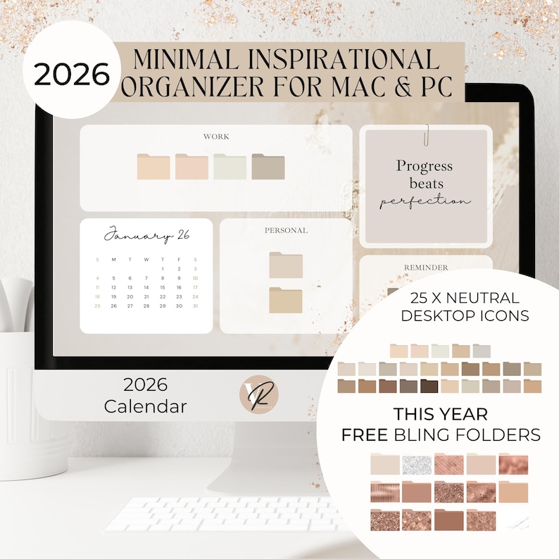 Beige Desktop Organizer 2026: Folder Icons & Wallpapers (Digital Download) image 1