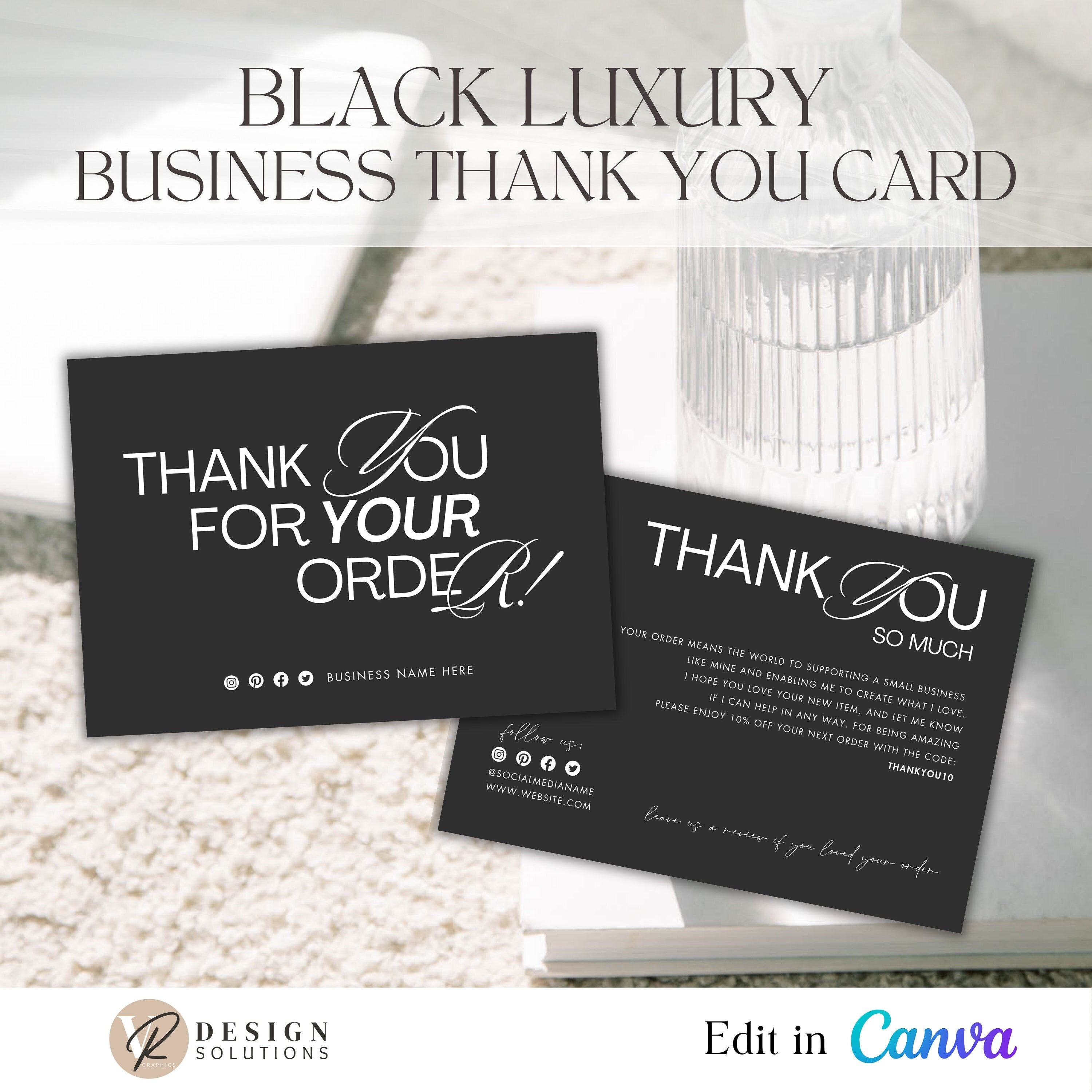 Black Luxury Thank You Card Template | Editable Canva Design | Instant ...