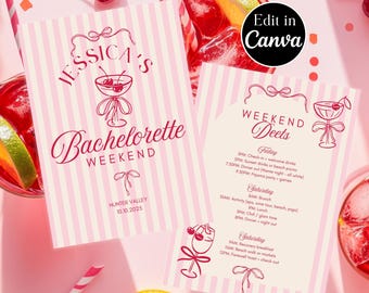 Retro Pink Bachelorette Weekend Invitation | Cocktail Party Itinerary | Editable Canva Template