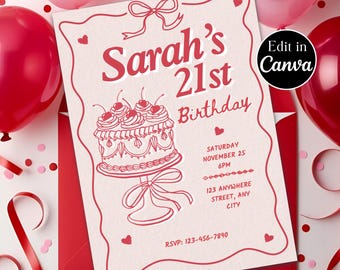 Retro 21st Birthday Invitation Template: Pink & Red Party (Digital Download)