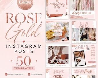 Könnte beinhalten: Eine Sammlung von 50 Instagram-Post-Vorlagen in Roségold für Canva mit verschiedenen Layouts in zartem Rosa und metallischen Roségold-Akzenten. Die Designs enthalten Textüberlagerungen wie consistency is key und save 25%.