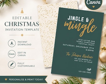 Op de afbeelding: Een bewerkbare kerstuitnodigingssjabloon met een donkergroene kaart met gouden tekst die Jingle & Mingle, Join us for our yearly Christmas cocktail party, Saturday, December 17th, 6:30pm, The Johnson Residence, 123 Anywhere St, Any City, ST 12345, en RSVP 123-456-7890 leest.