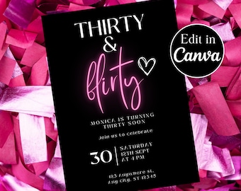 THIRTY AND FLIRTY Minimalist 30th Birthday Party Invitation Black, Printable Canva template