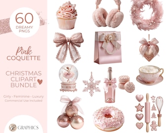 Pink Coquette Christmas Clipart Bundle, 60 Blush PNGs, Feminine Balletcore Holiday Stickers, Commercial Use