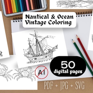Nautical & Ocean Coloring Pages Vintage Oceancore Illustrations Printable Sea Bookmark Prints Lighthouse Shells Wall Art A4 PDF SVG