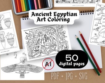 Egypte ancienne Coloriages illustrations égyptiennes vintage Marque-page numérique imprimable Impressions de voyage Art mural cadre TV Pharoah A4 PDF SVG