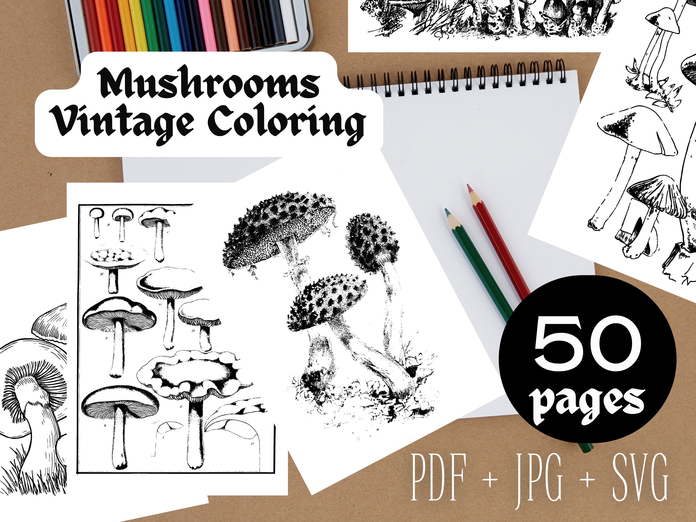 Mushrooms & Fungi Coloring Pages Vintage Mushroom Illustrations Digital ...