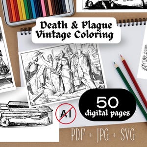 Death & Plague Coloring Pages Vintage Macabre Illustrations Printable Bookmark Halloween Prints Wall Art Dancing Skeletons Skull A4 PDF SVG