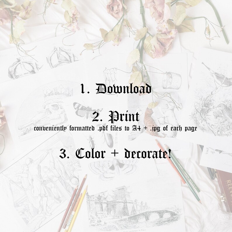 Op de afbeelding: Een witte achtergrond met een set zwart-witte printbare kleurplaten. De tekst op de pagina luidt "1. Downloaden 2. Afdrukken handig geformatteerde .pdf-bestanden naar A4 + .jpg van elke pagina 3. Kleuren + versieren!"