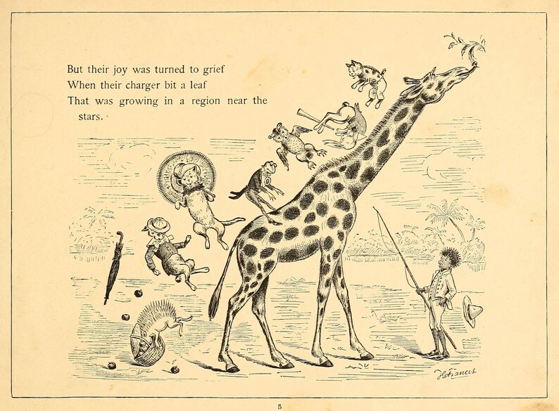 Op de afbeelding: Een zwart-witte illustratie van een giraffe met verschillende dieren op zijn rug. De giraffe reikt omhoog om bladeren van een boom te eten. De dieren omvatten een kat, een aap, een egel en een kikker. De illustratie speelt zich af in een jungle-sc&egrave;ne met palmbomen en een rivier.