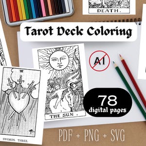 Tarot Deck Coloring Set | Printable Vintage Tarot Cards Illustration Transparent Background Vector PNG PDF SVG + Original Color Tarot