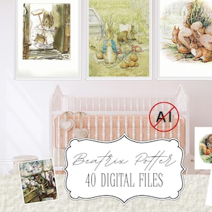 Arte imprimible de Beatrix Potter + Marcapáginas / Descarga digital Acceso instantáneo Ilustración de cuento clásico Conejo Ratón Láminas infantiles