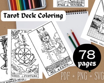 Tarot Deck Coloring Set | Printable Vintage Tarot Cards Illustration Transparent Background Vector PNG PDF SVG + Original Color Tarot