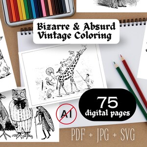 Bizarre Absurd Vintage Coloring Pages - Weird Wall Art Print Victorian Cartoon Funny Sketches Download Print At Home A4 SVG PDF JPG Book