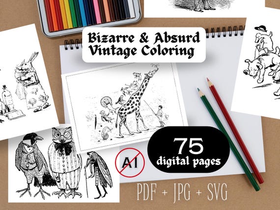 Bizarre Absurd Vintage Coloring Pages - Weird Wall Art Print Victorian Cartoon Funny Sketches Download Print At Home A4 SVG PDF JPG Book