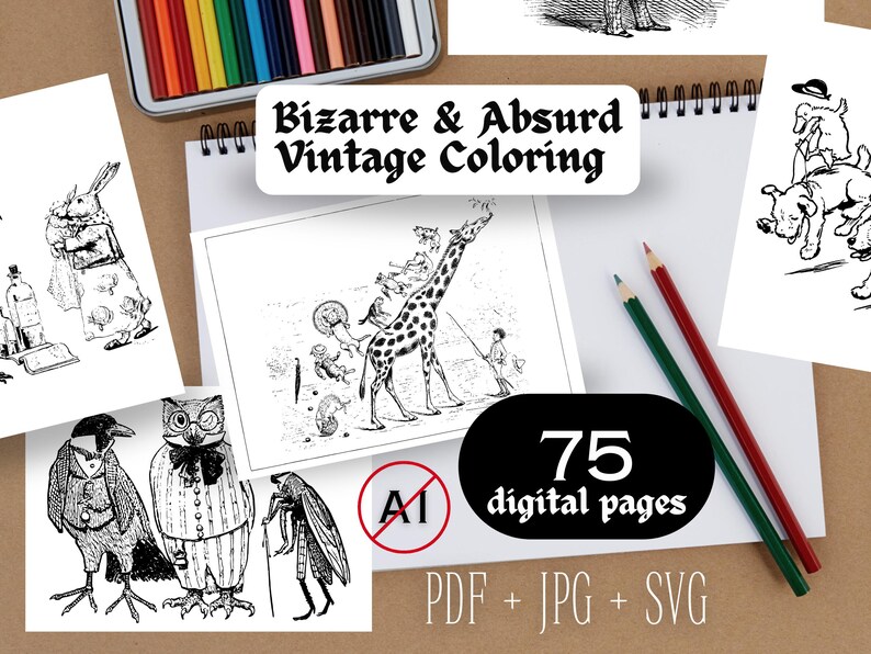 Bizarre absurde vintage kleurplaten - rare muurkunst afdrukken Victoriaanse cartoon grappige schetsen downloaden thuis afdrukken A4 SVG PDF JPG-boek afdrukken afbeelding 1