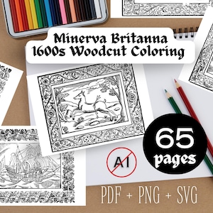 Coloring Pages from Minerva Britanna 1612 + Seamless Repeating Digital Paper Patterns | 1600s Renaissance Era Woodcut Print Set A4 PDF SVG