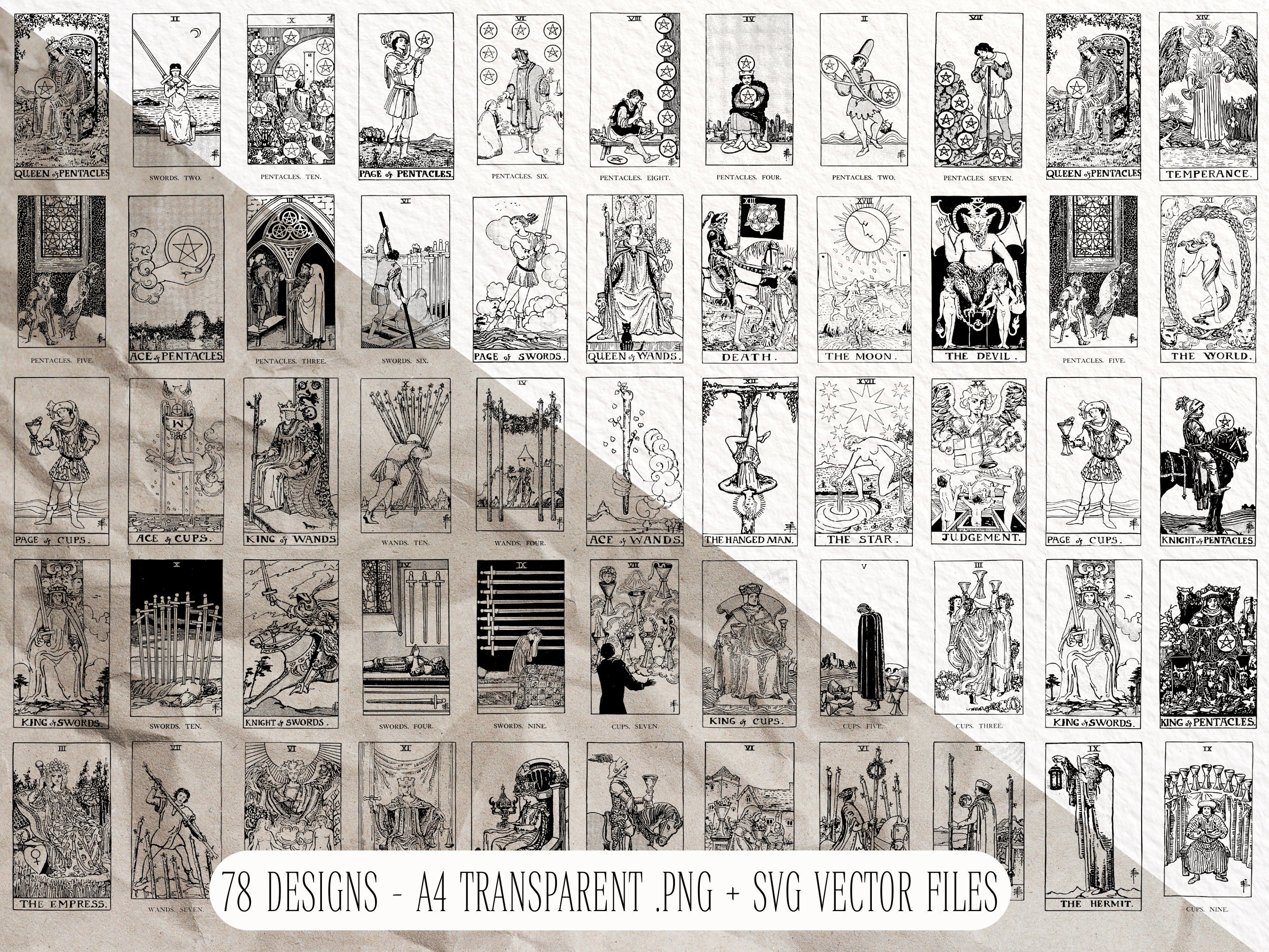 Tarot Deck Coloring Set Printable Vintage Tarot Cards Illustration ...