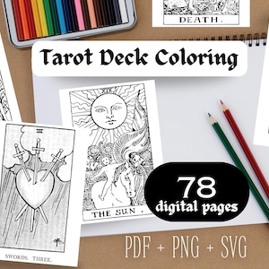 Jeu de coloriage jeu de tarot | Illustration de cartes de tarot vintage imprimables sur fond transparent vecteur PNG PDF SVG + tarot couleur original