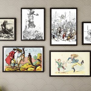 Op de afbeelding: Een verzameling ingelijste zwart-wit illustraties. De illustraties tonen verschillende sc&egrave;nes, waaronder een man die op een geit rijdt, een man met een lange baard, een man met een zwaard en een groep mensen die samenkomen.