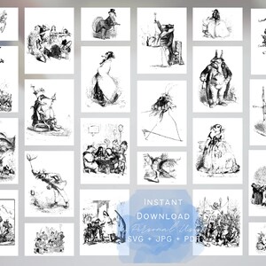 Op de afbeelding: Een verzameling van 24 zwart-wit illustraties met verschillende sc&egrave;nes en personages. De illustraties zijn in vintage stijl en tonen een verscheidenheid aan onderwerpen, waaronder mensen, dieren en objecten.