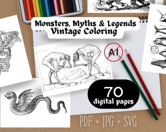 Monsters, mythen en legendes kleurplaten vintage illustraties afdrukbare bladwijzer Griekse mythologie decor Dragon Wall Art PDF SVG