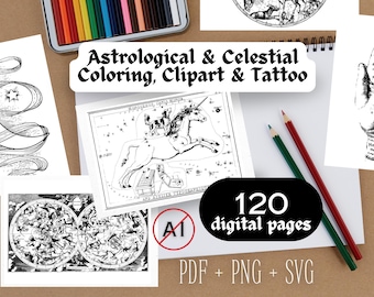 Astrologische en hemelse kleurplaten | Vintage illustraties boek digitale afdrukbare bladwijzer mystieke cartografie prints set A4 PDF SVG