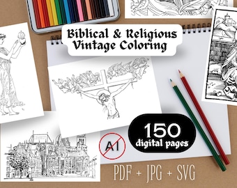 Bijbelse en religieuze kleurplaten | Vintage Pasen volwassen kleurboek afdrukbare bladwijzer Christus Mary Saint Cross wordt afgedrukt set A4 PDF SVG