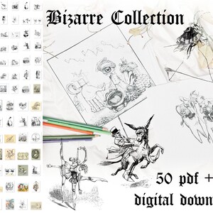 Op de afbeelding: Een verzameling van 50 zwart-wit illustraties met grillige en bizarre wezens. De illustraties zijn gedrukt op wit papier en klaar om in te kleuren. De tekst "Bizarre Collection 50 pdf + jpg digital download" is onderaan de afbeelding gedrukt.