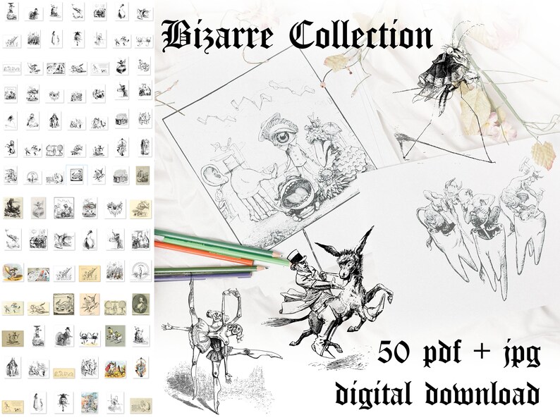 Op de afbeelding: Een verzameling van 50 zwart-wit illustraties met grillige en bizarre wezens. De illustraties zijn gedrukt op wit papier en klaar om in te kleuren. De tekst "Bizarre Collection 50 pdf + jpg digital download" is onderaan de afbeelding gedrukt.