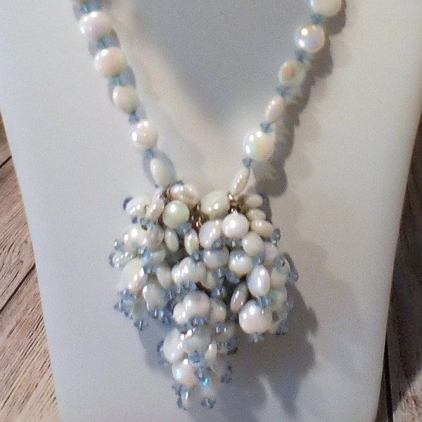 Vintage Irridescent White Blue Glass Bead Tassel Necklace