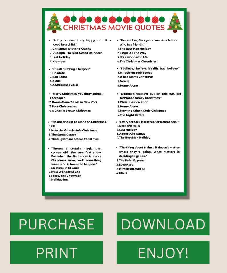 Christmas Movie Quotes Game Printable Christmas Movie Trivia Etsy