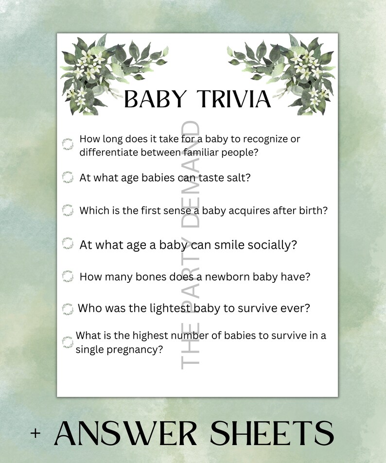 Greenery Baby Trivia Game, Baby Shower Trivia, Baby Shower Games