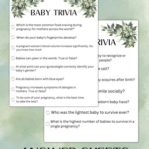 Greenery Baby Trivia Game, Baby Shower Trivia, Baby Shower Games Printable, Baby Shower Party Game Cards, Printable, Instant Download