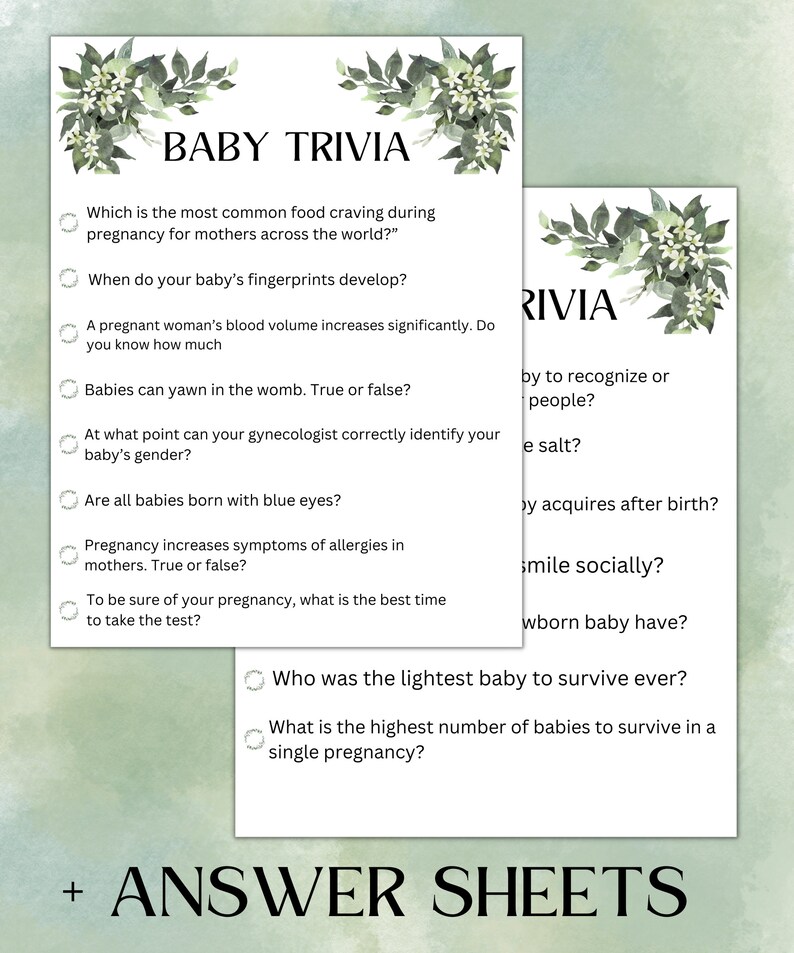 Greenery Baby Trivia Game, Baby Shower Trivia, Baby Shower Games